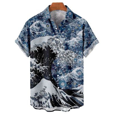 เสื้อพิมพ์ลาย3d เสื้อฮาวายสำหรับผู้ชาย,เสื้อกระดุมแขนสั้นลายคลื่นปกชายหาดสไตล์ย้อนยุค
