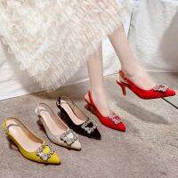 Korean version rhinestone square buckle stiletto heel pointy fairy single back buckle fashion versatile womens shoes