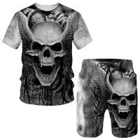 Punk Skull 3D Printed Oversize T-shirtShortsSets Mens Sportswear Tracksuit Gothic Graphic Tee Tops Summer Mens Clothing Suit