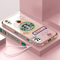 เคสเคสมือถือสำหรับ Vivo Y11 2019 /Y12i 1906พร้อมฟรีสายคล้อง + โลโก้ Starbucks แฟชั่นปลอกขอบสี่เหลี่ยมชุบฝาหลังนิ่ม