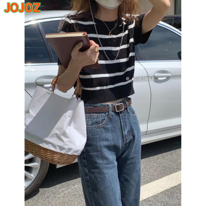 jojoz-เสื้อผู้หญิงแขนสั้นย้อนยุคอินเทรนด์คอกลมลายทาง-baju-rajutan-ลำลองน้ำแข็งเสื้อสวมหัวผ้าไหม