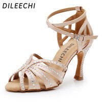 DILEECHI รองเท้าเต้นรำละติน Rhinestone ใหม่ผิวซาติน Salsa รองเท้าสำหรับผู้หญิงรองเท้าเต้นรำบอลรูมส้น9เซนติเมตรเลดี้เต้นรำรองเท้า