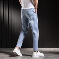 ☽✼卍 Nine-point jeans mens summer thin loose straight light blue pants mens new stretch casual nine-point pants