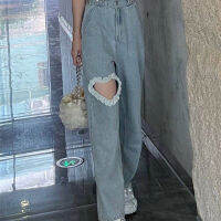 All-match fashion kawaii denim blue loose wide-leg womens jeans high waist heart chain summer thin casual cute casual