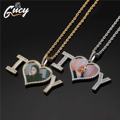 GUCY Custom Made Photo Heart Solid Back Pendant &amp; Necklace With Tennis Chain Cubic Zircon Mens Hip Hop Jewelry