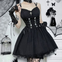 Gothic DressGoth Design กระโปรง Dark Gothic สไตล์เซ็กซี่ Slimming Thin Dark Night Rose A Swing Halter DressesGoth ชุด