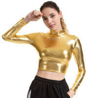 KKMetallic Liquid Mock คอเต่าแขนยาว Crop Top สำหรับ Rave Club Dance เปียกดูสั้นเสื้อยืด Top Clubwearq11