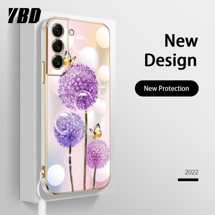 ybd-ใหม่ปลอกสำหรับ-samsung-s21-s22-s23-plus-s21-s22-s23-ultra-s21-fe-พิเศษเคสโทรศัพท์นิ่มชุบโครเมี่ยมสุดหรูเคสฟรีสายคล้องแบบดอกไม้ผีเสื้อสีสันสดใส