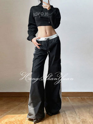 HengShanYuan กางเกงขายาวเอวสูงปักลายทาง,กางเกงขายาวสไตล์ยุโรปมีกระเป๋าสไตล์ Y2K