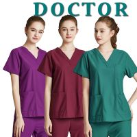 Free Name 2 Piece Set Scrub Suit Medical Women New Women T-Shirt with Pocket with Decollet In Cheese Top,Pants Nurse Workwear Nurse Uniform Doctor