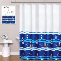 Ready Stock Sailboat pattern super thick waterproof mildew polyester shower curtain thickened polyester waterproof shower curtain toilet shower curtains(with Hook Rings)