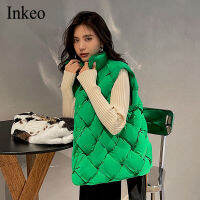 High street Knitted Sleeveless Vest Autumn Winter 2021 Fashion Green Stand collar Puffer jacket Loose Outerwear Warm INKEO 1O197