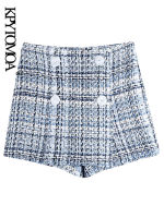 KPYTOMOA Women Chic Fashion With Buttons Tweed Bermuda Shorts Skirts Vintage High Waist Side Zipper Female Skorts Mujer