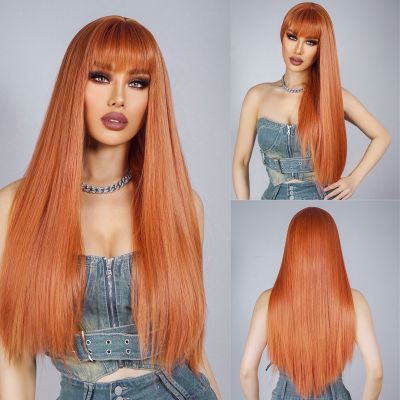Orange Ginger Synthetic Wigs with Bangs Long Straight Cosplay Wig for Women Natural Daily Colored Hair Wigs Heat Resistant