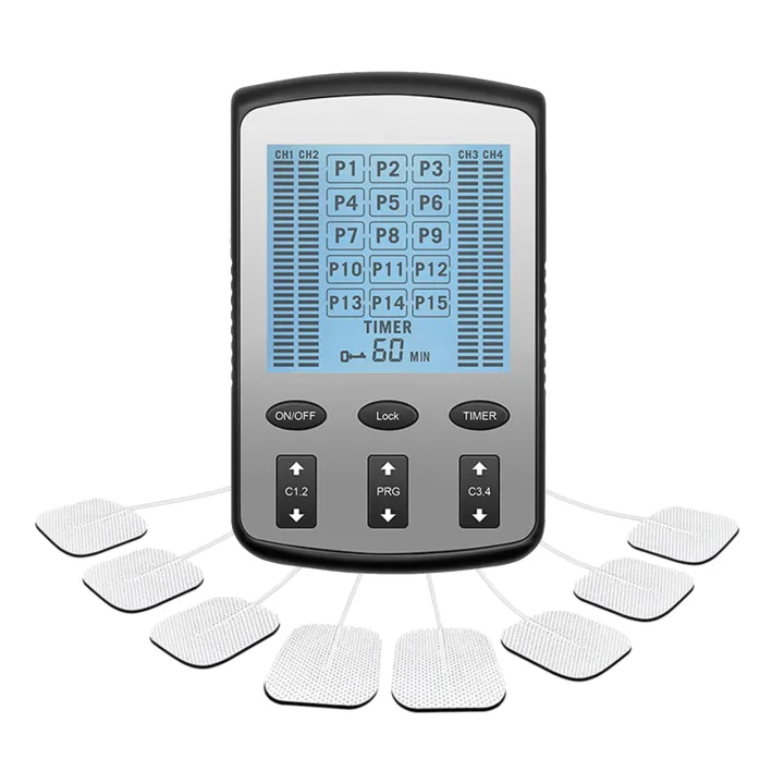 Tens Ems Muscle Stimulator 15 Modes & 4 Outputs 8 Pads For Natural Pain 