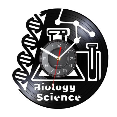 นาฬิกาติดผนังแบบทันสมัยชีววิทยาวิทยาศาสตร์ (สไตล์) ใหม่ทำจากอัลบั้มจริงแผ่นเสียงสีดำงานศิลปะสำหรับตกแต่งนาฬิกานาฬิกาแขวนผนังธีมเคมี