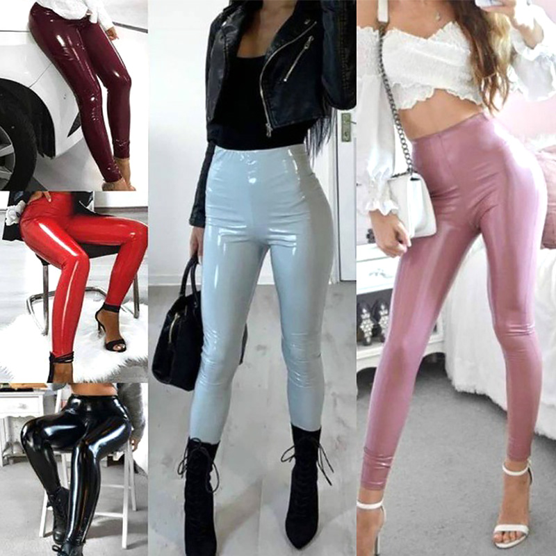 Women High Elastic Tight Skinny PU Leather Pencil Pants Casual Stretchy Trousers