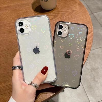 【CC】 Capa transparente com corações para iPhone 11 12 13 Pro Max X XS XR 7 8 Plus SE Gradiente Laser Coração Padrão de folha moda 2020