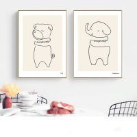 Simple Nordic Abstract Hand Drawn Black And White Line Animal Cartoon - Lion, Penguin And Rabbit Decorative Painting-เหมาะสำหรับตกแต่งบ้าน0811