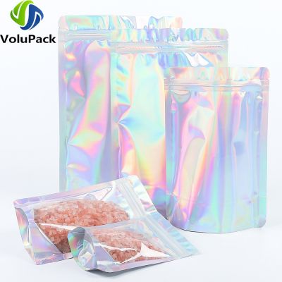 Smell Proof Plastic Ziplock Front Holographic Back Pouches Recyclable Metallic Mylar Storage