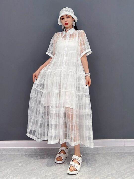 xitao-shirt-dress-fashion-casual-mesh-women-solid-color-dress