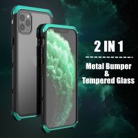 ~ Shockproof Armor Aluminum Metal Case Compatible For iPhone 11 Pro MAX X XS XR 7 8 Plus Color Bumper Transparent Tempered Glass Back Cover Camera Protector Phone Cover For iphone SE 2