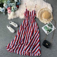 New Summer Beach Dress Women Slim Sexy V-neck Spaghetti Strap Dresses Elegant Ladies Vertical Stripe Chiffon Long Robe Vestidos