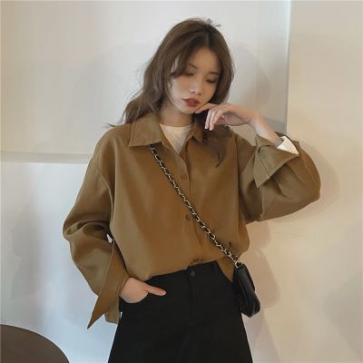 Summer Korean Version 2022 Fashionable Versatile Solid Color Loose POLO Collar Single-Breasted Long-Sleeved Shirt Top Womens T