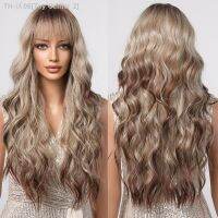 Ombre Ash Blonde Brown Long Wave Synthetic Wigs with Bang Highlight Natural Cosplay Hair Wig for Women Daily Heat Resistant [ Hot sell ] Toy Center 2