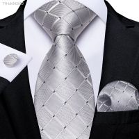 ◙ 2023 New Sliver Grey Plaid Striped Silk Ties for Men 150cm Business Wedding Neck Tie Pocket Square Cufflinks Party Accessories