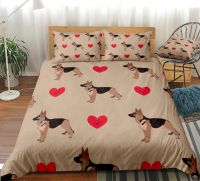 【hot】◕ 3 Pieces German Shepherd Dog Duvet Cover Set Cartoon Kids Boys Hearts Quilt Bed Dropship