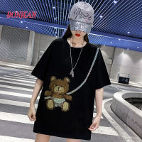 2021 Plus Size 4XL Beading Bear Women T-shirt Harajuku Short-Sleeved HIp Hop Women Loose Crystal Korean Female Clothes Top