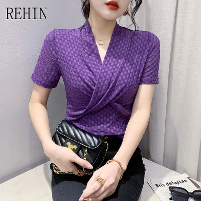REHIN เสื้อยืดคอวีผู้หญิง,เสื้อยืดแขนสั้นเข้ารูปพอดีตาข่ายกลวงแฟชั่นฤดูร้อนสไตล์เกาหลีแบบใหม่