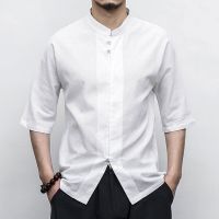 Summer New Mens Casual Short-sleeved Shirt Top Chinese Style Traditional Clothing Buckle Ethnic Style Stand-up Collar T-shirt