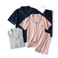 Summer 2021 new cotton couple pajamas suit female short-sleeved shorts mens pajamas thin home service suit pyjamas women pink