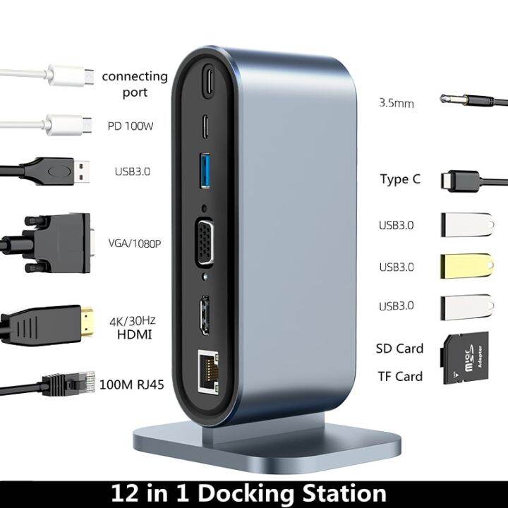 แท่นวางมือถือ-usb-c-12-in-1พร้อม-usb-c-pd-100w-hdmi-4k-usb-vga-usb-3-0-rj45เครื่องอ่านการ์ด-tf-เสียงสำหรับวินโดวส์แม็ค-xiaomi-แล็ปท็อป-feona