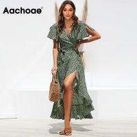 Aachoae Long Wrap Dress 2021 Summer Boho Style Floral Print Maxi Beach Dress Sexy Side Split Party Dress Sundress Vestidos