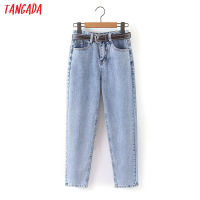 2022 Tangada 2022 fashion women mom jeans pants with belt long trousers strethy waist pockets zipper female pants HY41