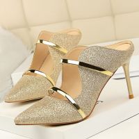 2023 Summer Women 9cm High Heels Glitter Sandals Lady Bling Mules Sandles Sequins Pumps Silver Gold Nightclub Bigtree Prom Shoes