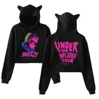 Chris Brown Under The Influence Tour 2023 Breezy Merch Pullover Cat Ear Hoodie Long Sleeve Crop Top Womens Clothes