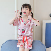 Summer Childrens Clothing Suit Silk V-neck Baby Girls Pajamas Set Short Sleeve Pijama Nightwear Satin 4-13yrs Pyjama Set