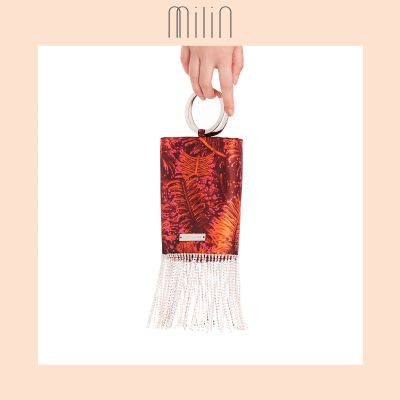 [MILIN] Metal hoop rings handle bag กระเป๋าถือพิมพ์ลายดิจิตอลเกสรดอกไม้ประดับเส้นคริสตัลระย้า / Mating Bag