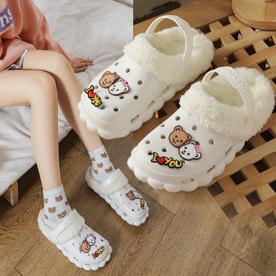 Hole hole shoes add wool female ins lovely outside non-slip bottom thick winter indoor removable slippers sandals baotou