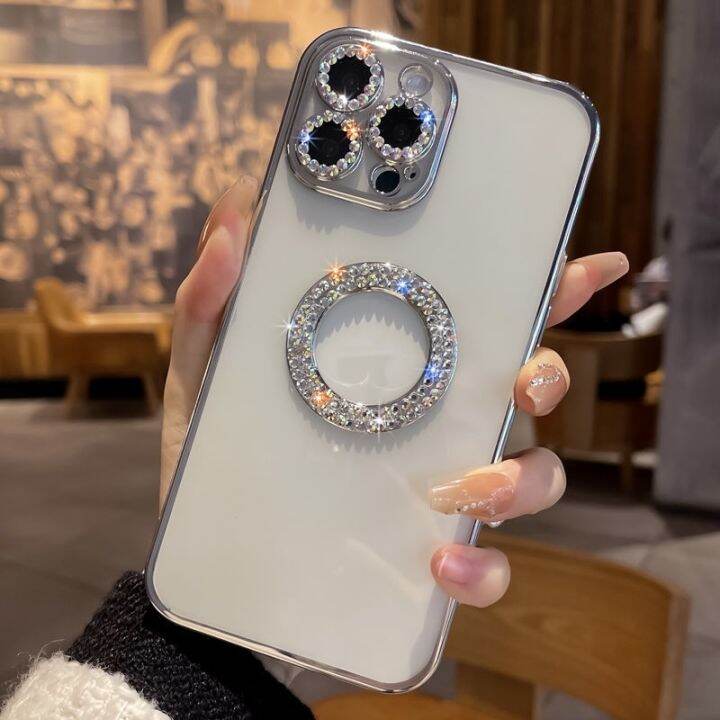 เคสโทรศัพท์โปร่งใสแวววาวหรูหราพลอยเทียมใหม่สำหรับ-iphone-11-12-13-pro-max-x-xr-xs-กันกระแทกเลนส์กล้องถ่ายรูปทองเคสโทรศัพท์ด้านหลัง
