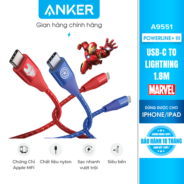 Cáp sạc Anker PowerLine+ III USB-C TO Lightning dài 1.8M- A9551 phiên bản Marvel – Hỗ trợ sạc nhanh