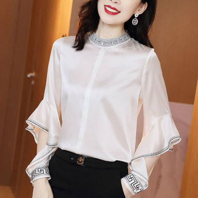 เสื้อท่อนบนสำหรับฤดูใบไม้ร่วงเสื้อปักลายแขนยาวของผู้หญิงเสื้อทรงหลวมเกาหลีใหม่2023มีระบายฟูฟ่อง