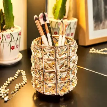 Crystal Makeup Brush Holder Organizer, Handcrafted Cosmetics Brushes Cup  Storage Solution (Silver/Gold)