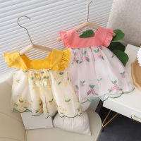 JOJOS ADVENTURE Girls Short-Sleeved Dress 2023 Summer New Fashionable Floral Flying Sleeve Princess Dress Children Flower Mesh Patchwork Skirt