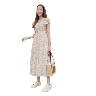 P015-031 PIMNADACLOSET - Cap Sleeve Y Neck Skater Chiffon Print Eyelet Embroidery Midi Dress