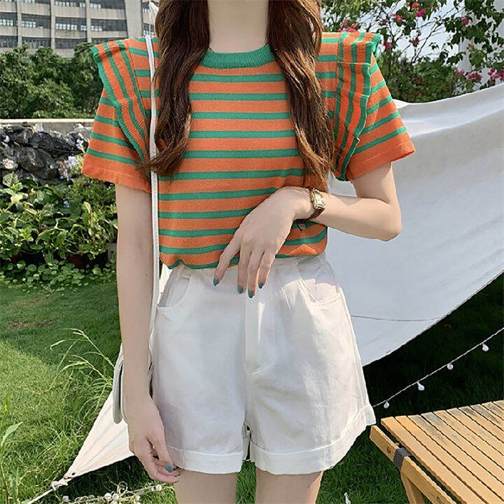 shenghao-เสื้อยืดคอกลมแขนสั้นมีระบายสำหรับผู้หญิงเสื้อยืดถักลายทางแฟชั่นฤดูร้อน